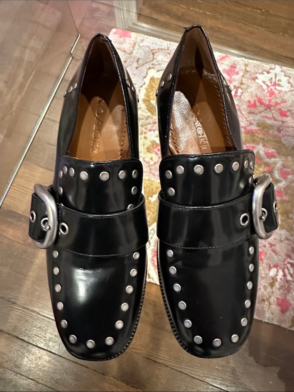 COACH Black Leather Studded Buckle Slip-On Loafers
